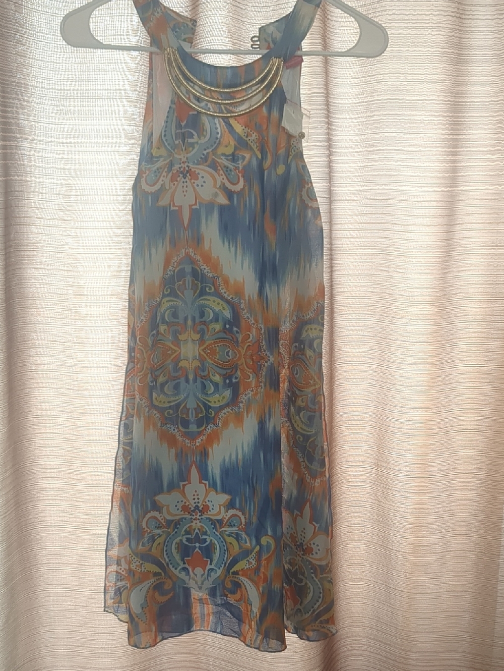 NWT Beaded-Neckline Midi Dress in Blue & Orange Print
